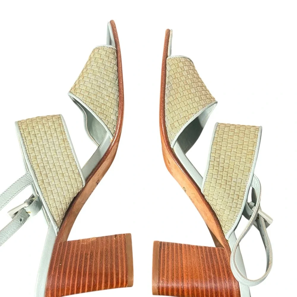 Vintage Woven Leather Sandals 8‎ Blue Chunky Block Heel Boho 90s Cole Haan